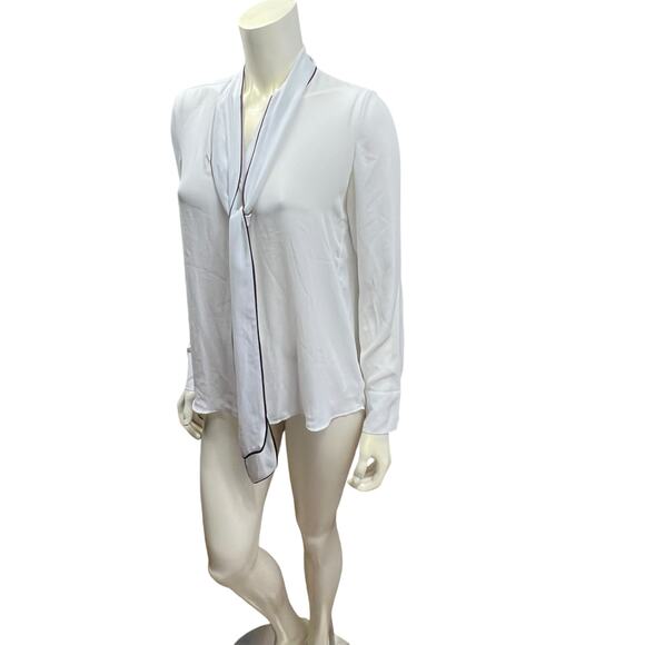 Express White Tie Neck Blouse Black Piping Long Sleeve Silky Small - Picture 13 of 13